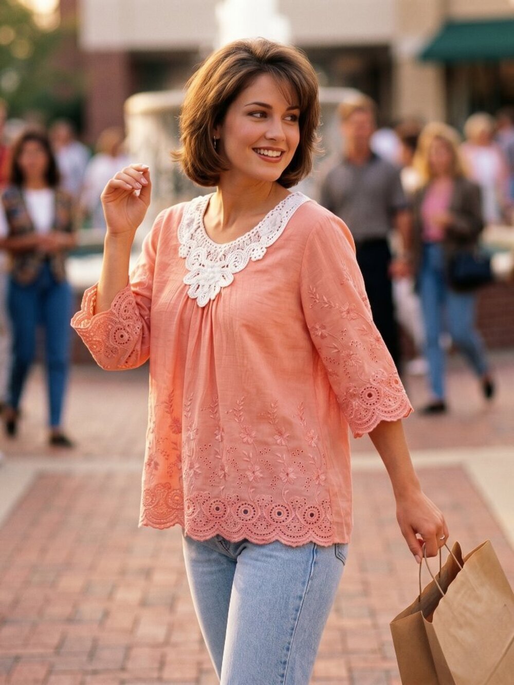 Pretty Angel Womens Large Top Pink Linen Embroidered Blouse Timeless Cottagecore